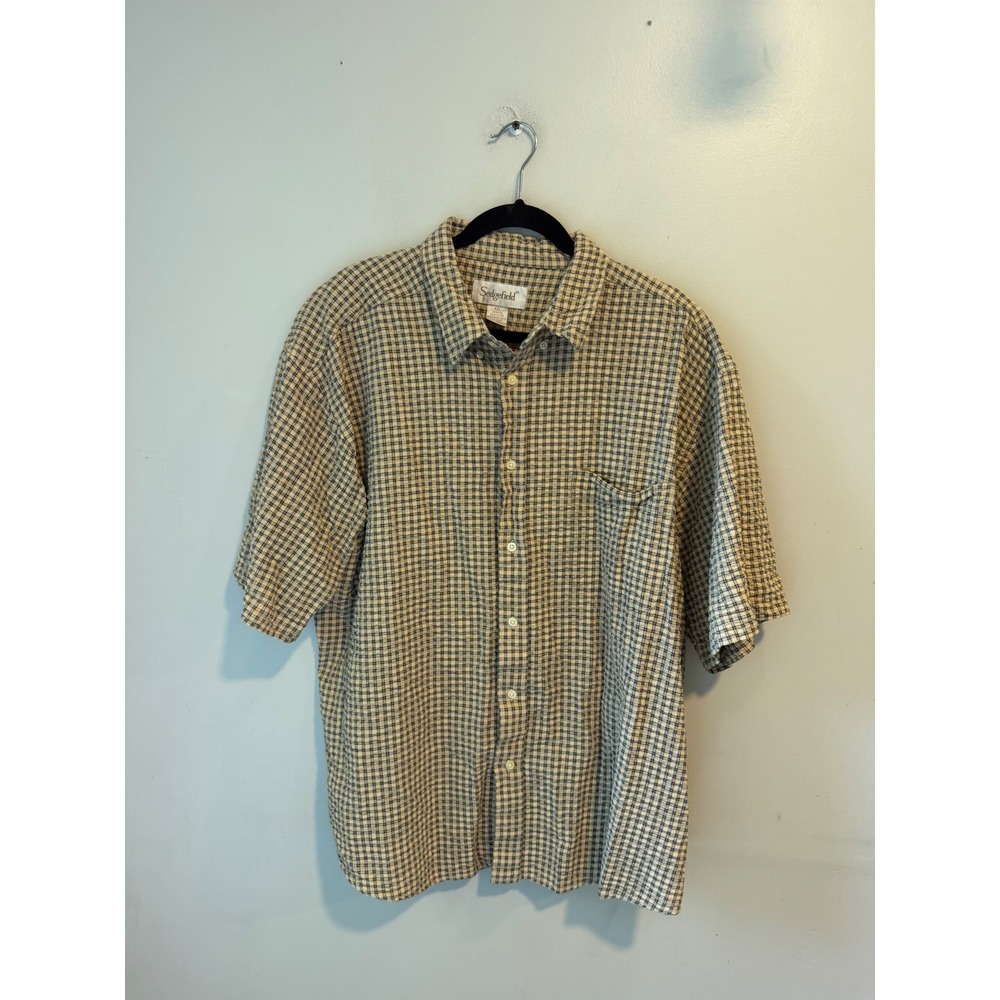 Sedgefield Mens XXL Short Sleeve Plaid Button Down Shirt Tan Navy Blue Cotton